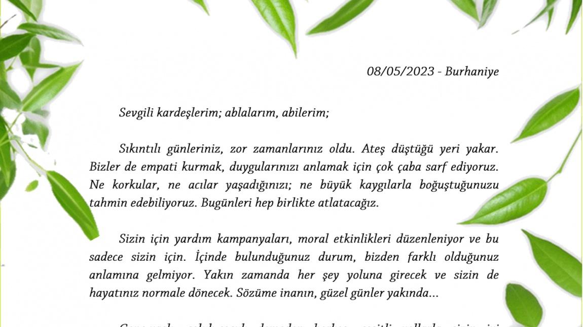 Kardeş Okulumuz Gaziantep-Islahiye Altınüzüm İlk ve Ortaokulu Öğrencilerine Gönderdiğimiz Öğrenci Mektubu